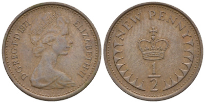 Великобритания 1/2 пенни 1971 Елизавета II (1952-2022) KM 914, Spink 4239 бронза 3309-1026