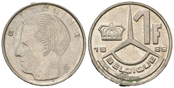 Бельгия 1 франк 1989 Belgique, Бодуэн I (1951-1993) KM 170 нержавеющая сталь aUNC 4618-126