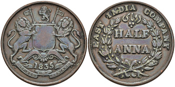 Британская Индия 1/2 анна 1835 M, Британская Ост-Индская компания, Мадрас, диаметр 30,8 мм. KM 447.1 медь 88-932