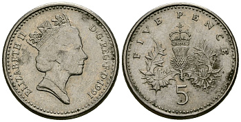Великобритания 5 пенсов 1991 Елизавета II (1952-2022) KM 937b, Spink 4372 (D4) медно-никель 4173-1245