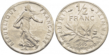 Франция 1/2 франка 1965 сеятель KM 931, Le Franc 198.3 никель 112-1167