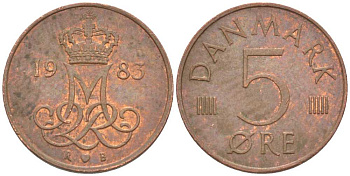 ДАНИЯ 5 ЭРЕ 1983 R; B, МАРГРЕТЕ II (1972-) KM 859.3 железо плакированное медью 4392-853