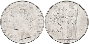 Италия 100 лир 1963 R, Афина в доспехах KM 96.1 нержавеющая сталь 81-1246