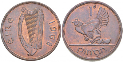 ИРЛАНДИЯ 1 ПЕННИ 1968 КУРИЦА С ЦЫПЛЯТАМИ KM 11 бронза 4403-1042