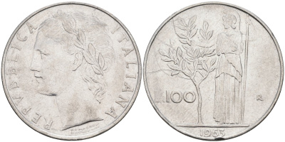 Италия 100 лир 1963 R, Афина в доспехах KM 96.1 нержавеющая сталь 81-1246