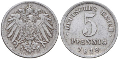 ГЕРМАНИЯ 5 ПФЕННИГОВ 1918 J KM 19, J. 297 железо 4516-723