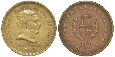 Уругвай 10 песо 1965 KM 48 алюминиевая бронза 88-525