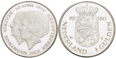Нидерланды 1 гульден 1980 на коронацию Беатрикс, 30 апреля 1980 KM 200 никель 213-1245