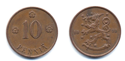 Финляндия 10 пенни 1938 KM 24 медь 51-5646