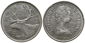 КАНАДА 25 ЦЕНТОВ 1984 ОЛЕНЬ, ЕЛИЗАВЕТА II KM 74 никель 4364-2631