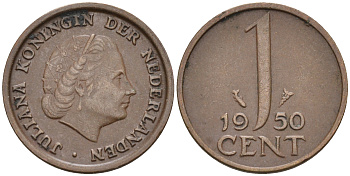 Нидерланды 1 цент 1950 Юлиана (1948-1980) КМ 180 бронза    4174-538