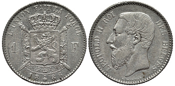 БЕЛЬГИЯ 1 ФРАНК 1886 ЛЕОПОЛЬД II (1865-1909), BELGES, РАЗНОВИДНОСТЬ БЕЗ ТОЧКИ В ПОДПИСИ KM 28.2 серебро 443-942