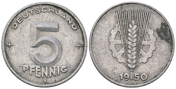 ГДР 5 пфеннигов 1950 А алюминий 4651-1132