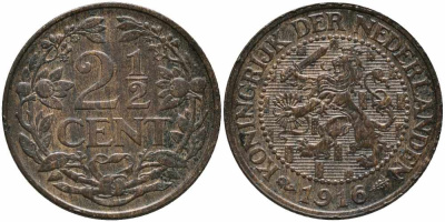 Нидерланды 2 1/2 цента 1916 Вильгельмина (1890-1948) KM 150 бронза 87-413