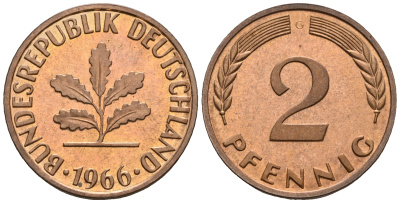 ФРГ 2 пфеннига 1966 G KM 106, J.381 бронза PROOF 1094-7-64
