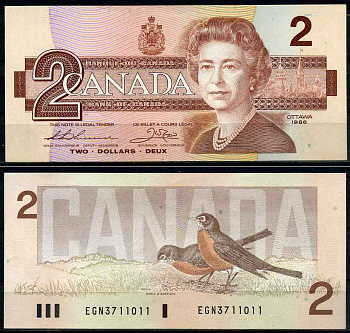 Канада 2 доллара 1986 Елизавета II, здание Парламента, подпись Thiessen-Crow Pick 94 b бумага UNC (пресс) 447-53-3