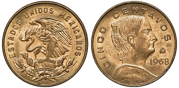 Мексика 5 сентаво 1968 Мо, Жозефа Ортис де Домингес KM 426 латунь UNC 4591-615