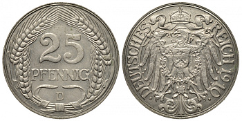 Германия 25 пфеннигов 1910 D KM 18, Weege 12, J.18 никель aUNC 413-4944