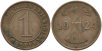 Германия 1 рейхспфенниг 1924 A KM 37, J. 313 бронза 4189-1051