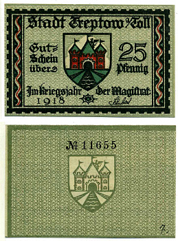 ТРЕПТОВ 25 ПФЕННИГОВ 1918 19 ИЮЛЯ 1917, НОТГЕЛЬД, ЗЕМЛЯ ПОМЕРАНИЯ Grabowski Т22.3а бумага 2193-14-3-2