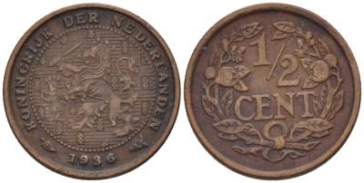 НИДЕРЛАНДЫ 1/2 ЦЕНТА 1936 ВИЛЬГЕЛЬМИНА (1890-1948) KM 138 бронза 39-231