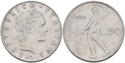 Италия 50 лир 1954 R, Бог огня Вулкан у наковальни KM 95.1 нержавеющая сталь 51-143