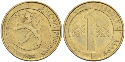 ФИНЛЯНДИЯ 1 МАРКА 1994 M KM 76 алюминиевая бронза 4563-545