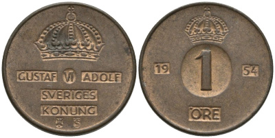 Швеция 1 эре 1954 TS, Густав VI Адольф (1950-1973) KM 820 бронза 54-765