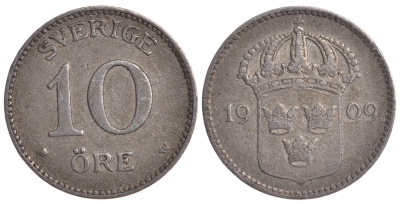 Швеция 10 эре 1909 W, Густав V (1907-1950) KM 780 серебро 4179-547
