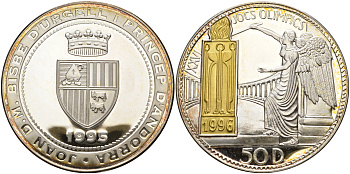 Андорра 50 динеров 1995 XXVI олимпийские игры 1996 года в Атланте, олимпийский огонь, позолота, тираж 5000 экземпляров KM 115 серебро PROOF 1-5-2-29