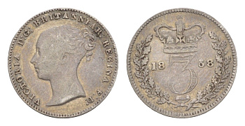 Великобритания 3 пенса 1858 Виктория (1837-1901) KM 730, Spink 3914 серебро 1520-1222