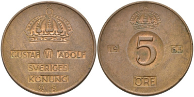 Швеция 5 эре 1953 TS, Густав VI Адольф (1950-1973) KM 822 бронза 4557-734