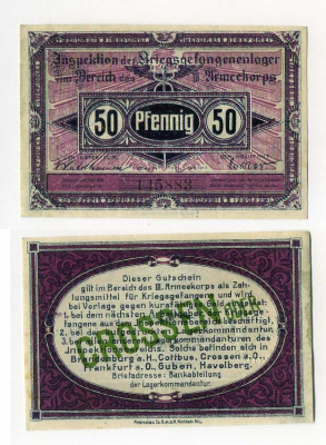 Германия 50 пфеннигов 1917 инспекция лагерей военнопленных в Кроссене, III-ий Армейский корпус C-2849 бумага UNC (пресс) 000-00-00