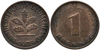 ФРГ 1 пфенниг 1975 G KM 105, J.380 сталь плакированная медью 99-333