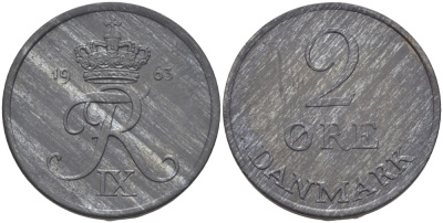 ДАНИЯ 2 ЭРЕ 1963 C; S, ФРЕДЕРИК IX (1947-1972) KM 840.2 цинк UNC 28-352