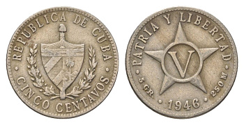 Куба 5 сентаво 1946 звезда, первая Республика (1902-1961) KM 11.3 медно-никель 4623-824