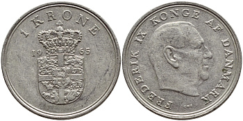 ДАНИЯ 1 КРОНА 1965 C; S, ФРЕДЕРИК IX (1947-1972) KM 851.1 медно-никель 4398-1021