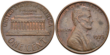 США 1 цент 1973 D, Линкольн КМ 201 медь цинк 4567-612