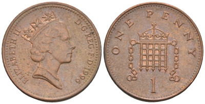 Великобритания 1 пенни 1996 Елизавета II (1952-2022) KM 935a, Spink 4391 (B4) сталь плакированная медью 4609-536