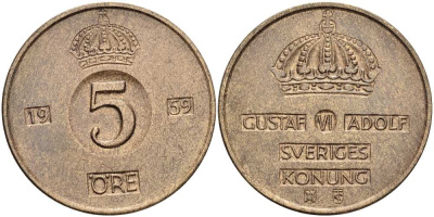Швеция 5 эре 1959 TS, Густав VI Адольф (1950-1973) KM 822 бронза 4519-327