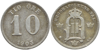 Швеция 10 эре 1903 EB, Оскар II (1872-1907) король Швеции и Норвегии KM 755 серебро 1530-544