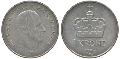 Норвегия 1 крона 1994 Харальд V (1991-) KM 436 медно-никель 4128-1225