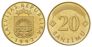 Латвия 20 сантимов 1992 KM 22.1 никель латунь UNC 4617-647