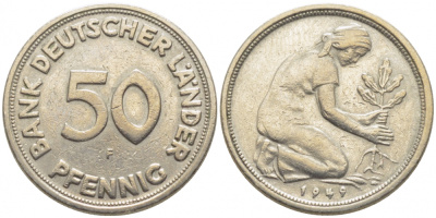 ФРГ 50 пфеннигов 1949 F KM 104, J. 379 медно-никель 105-1235