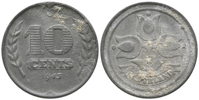 НИДЕРЛАНДЫ 10 ЦЕНТОВ 1943 ВИЛЬГЕЛЬМИНА (1890-1948) KM 173 цинк 34-347