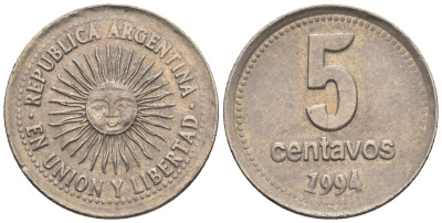 Аргентина 5 сентаво 1994 майское солнце, широкие буквы KM 109a2, CJ 2, Schon 109a медно-никель 4609-1237