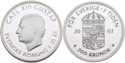 Швеция 200 крон 2003 Карл XVI Густав (1973- ), 30 лет правления KM 902 серебро UNC 00-000-00