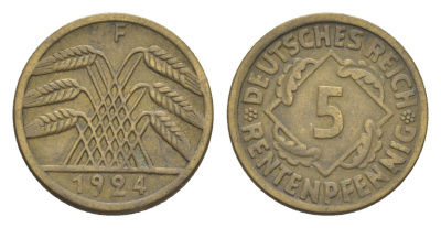 Германия 5 рентенпфеннигов 1924 F KM 32, J. 308 алюминиевая бронза 4636-446