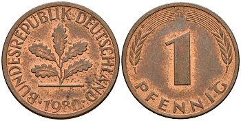 ФРГ 1 пфенниг 1980 D KM 105, J. 380 сталь плакированная медью    4598-566