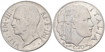 ИТАЛИЯ 20 ЧЕНТЕЗИМО 1941 R, ГОД XIX, ВИКТОР ЭММАНУИЛ III (1900-1946) KM 75b, VEM3. 1028 нержавеющая сталь 3853-844
